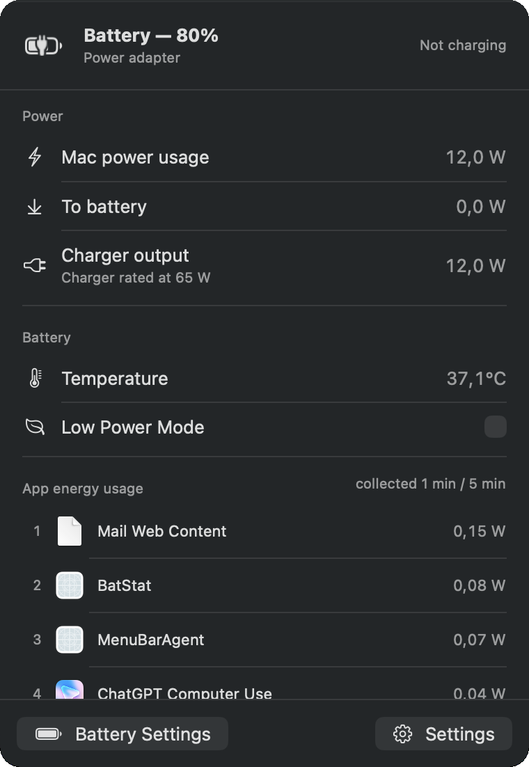 Dropdown BatStat с данными о питании и батарее